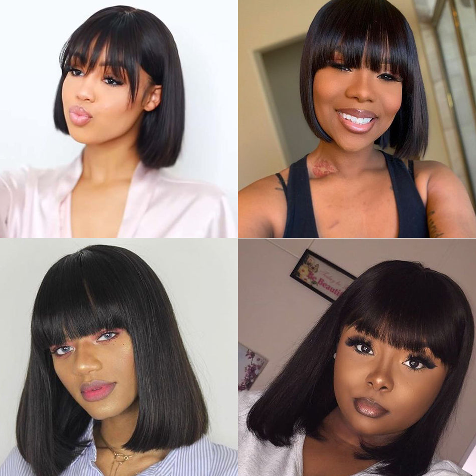 Straight Bob Wig with Bangs Human Hair Wigs 150% Density √