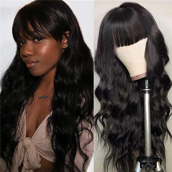 Remy Hair Best Long Hair Wigs With Bangs Human Hair Glueless Wigs Natural Black  Color √