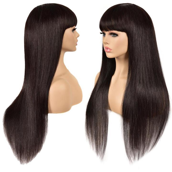 Brazilian Straight Virgin Human Hair Wig With Bangs Natural Head Fashion Bang Wig Black Color √