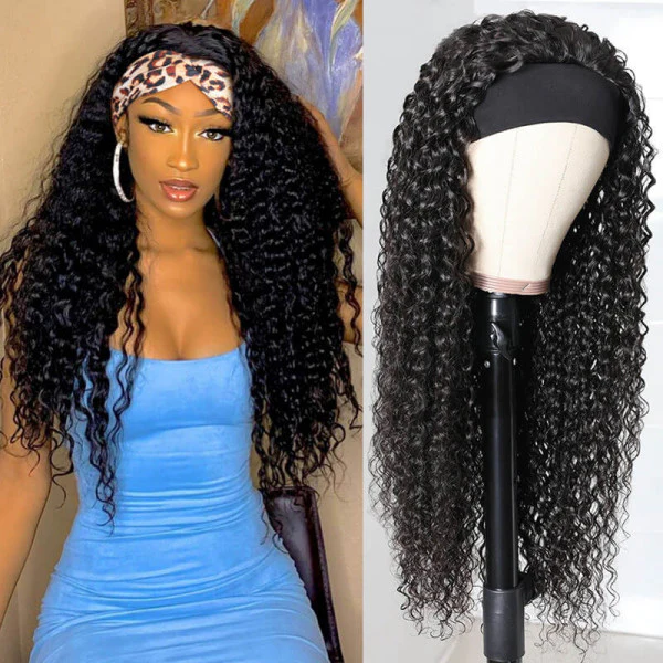 Curly Hair Human Hair Headband Wigs Glueless Wigs 210% Density √