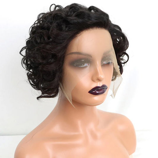 L Part Lace Human Hair Wig Short Side Part Pixie Cut Curly Wigs √