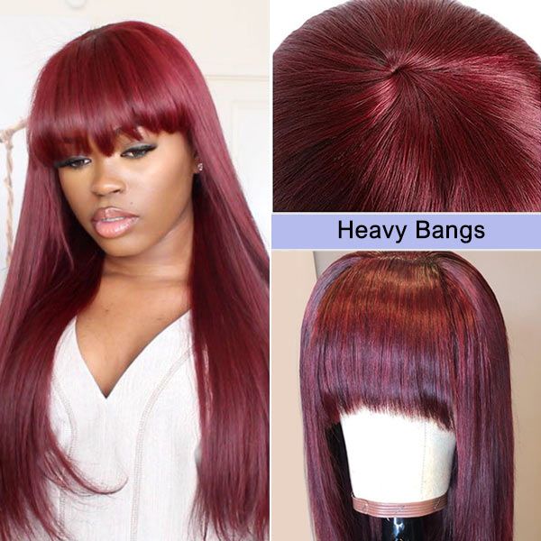 Burgundy Hair Straight Red Wig With Bangs Human Hair High Quality Wigs For Women √