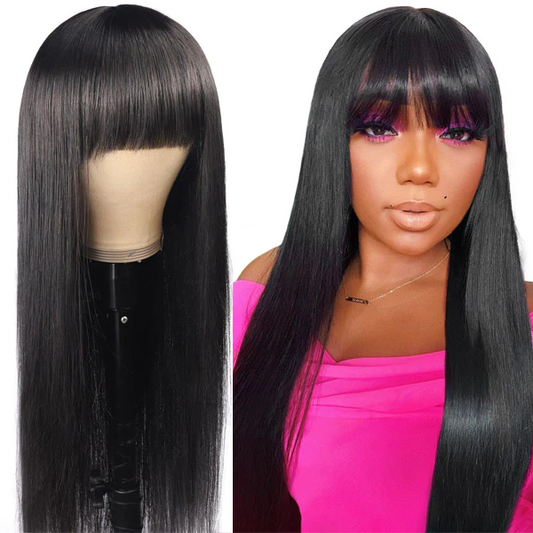 Machine Made Virgin Hair Wig Silky Straight Glueless Wig With Bangs  √