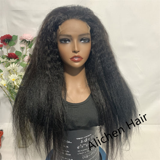 Yaki Kinky Straight Human Hair Wigs 4x4 Lace Closure Wigs Natural Hairline Preplucked With Baby Hair √